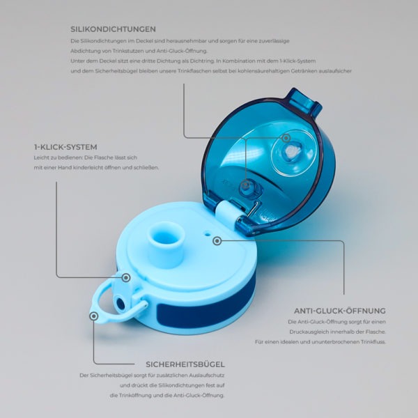 Deckel für auslaufsichere Trinkflaschen in blau. BPA-frei und Kohlensäure geeignet. Ideal für Schule und Kindergarten. Passt auf jede unserer 350ml und 500ml Trinkflaschen. Mit drei Silikondichtungen, Anti-Gluck-Öffnung, 1-Klick-System und dem Sicherheitsbügel