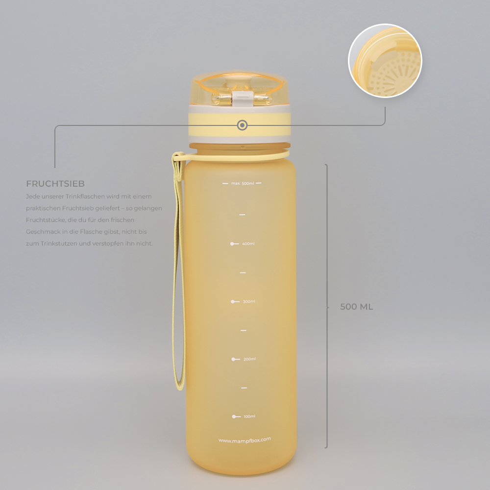 Auslaufsichere Trinkflasche mit Fruchtsieb und Füllskala