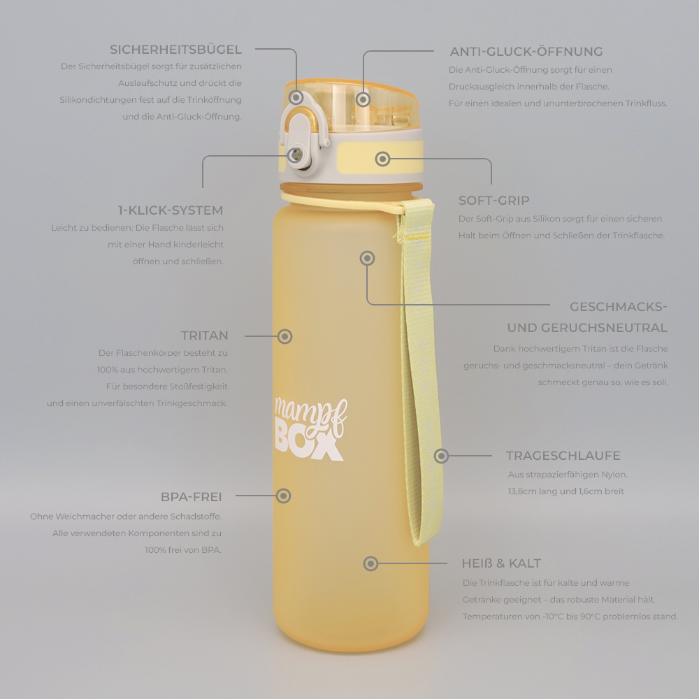 Auslaufsichere Trinkflasche in Gelb aus robustem Material