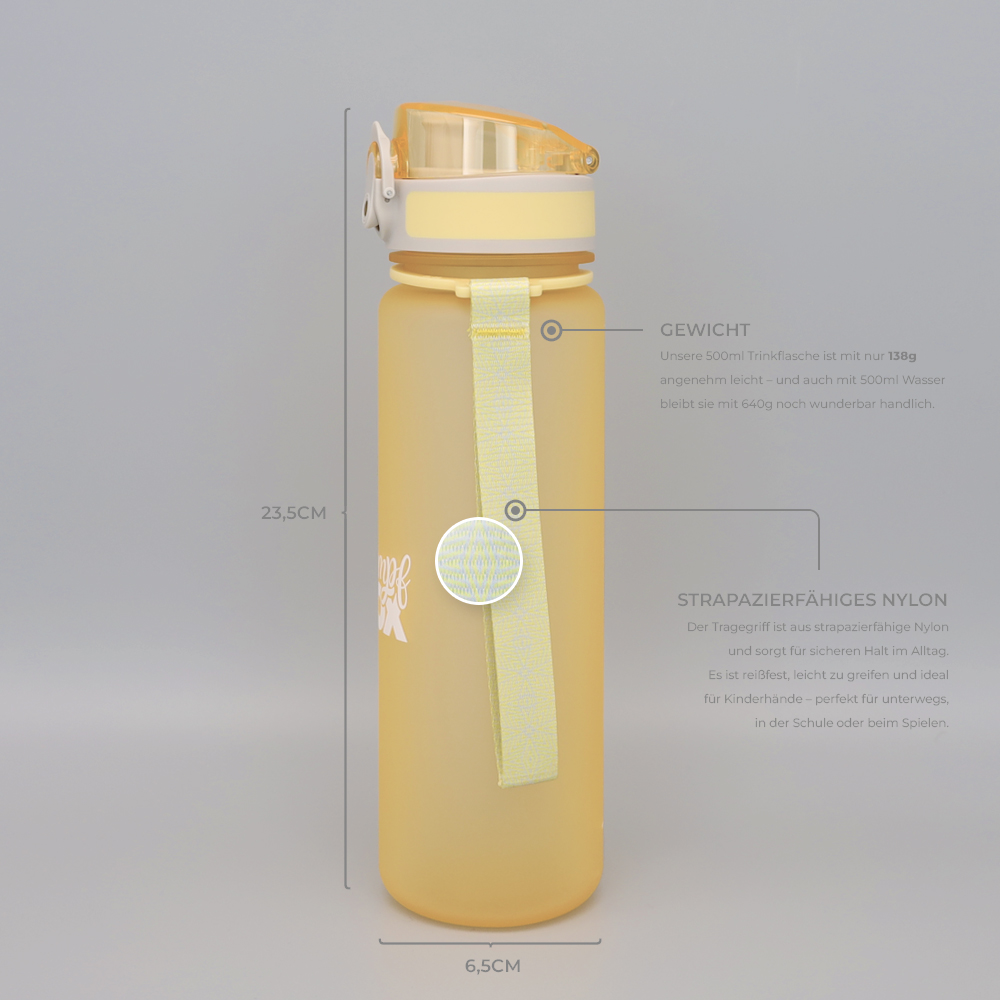 Gelbe auslaufsichere Trinkflasche mit Trageschlaufe