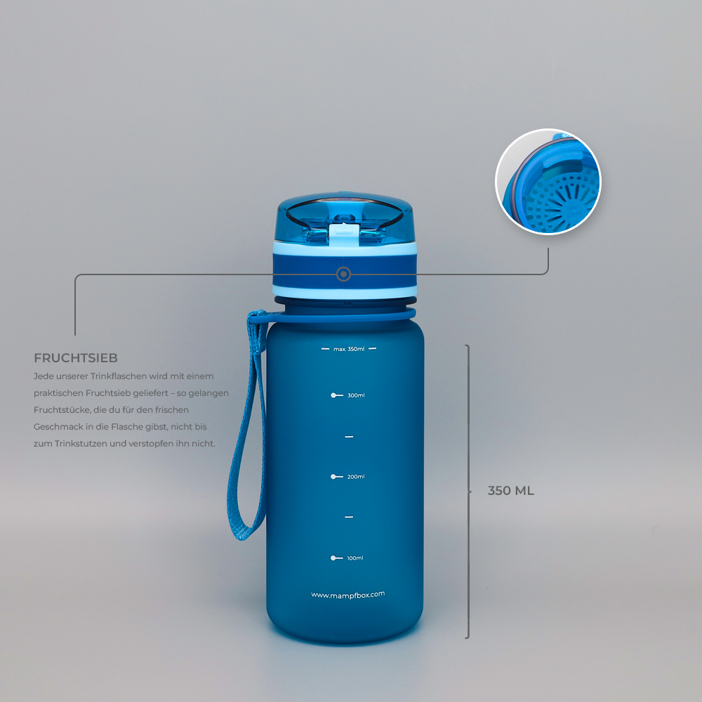 Trinkflasche für Kinder mit integriertem Fruchtsieb und Skala