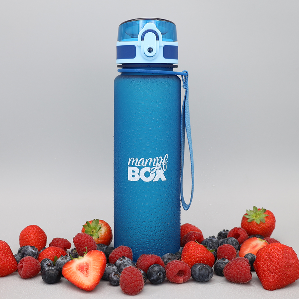 Blaue Trinkflasche für Kohlensäure mit 500 ml und frischen Früchten dekoriert