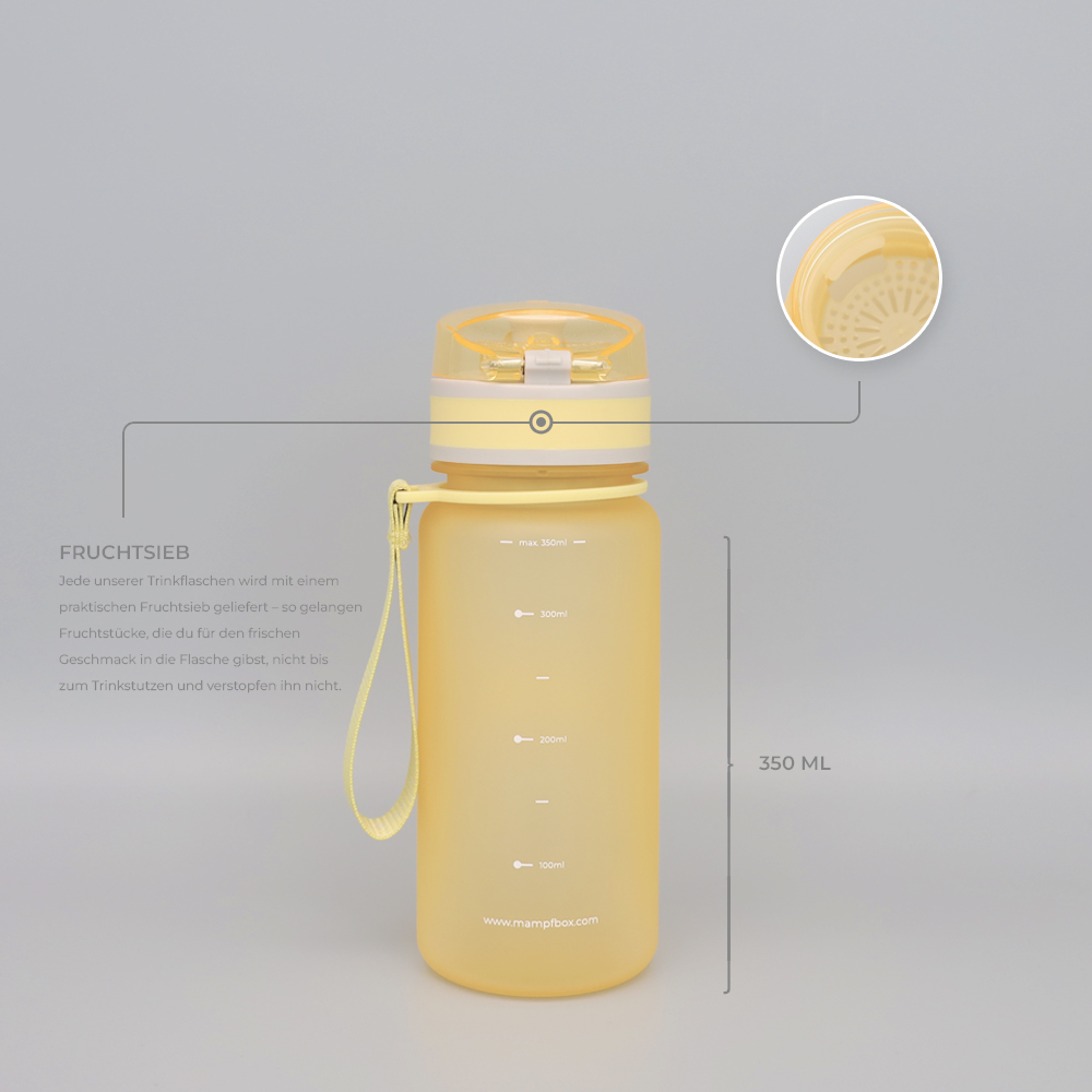 Trinkflasche für Schule mit Fruchtsieb und Füllskala