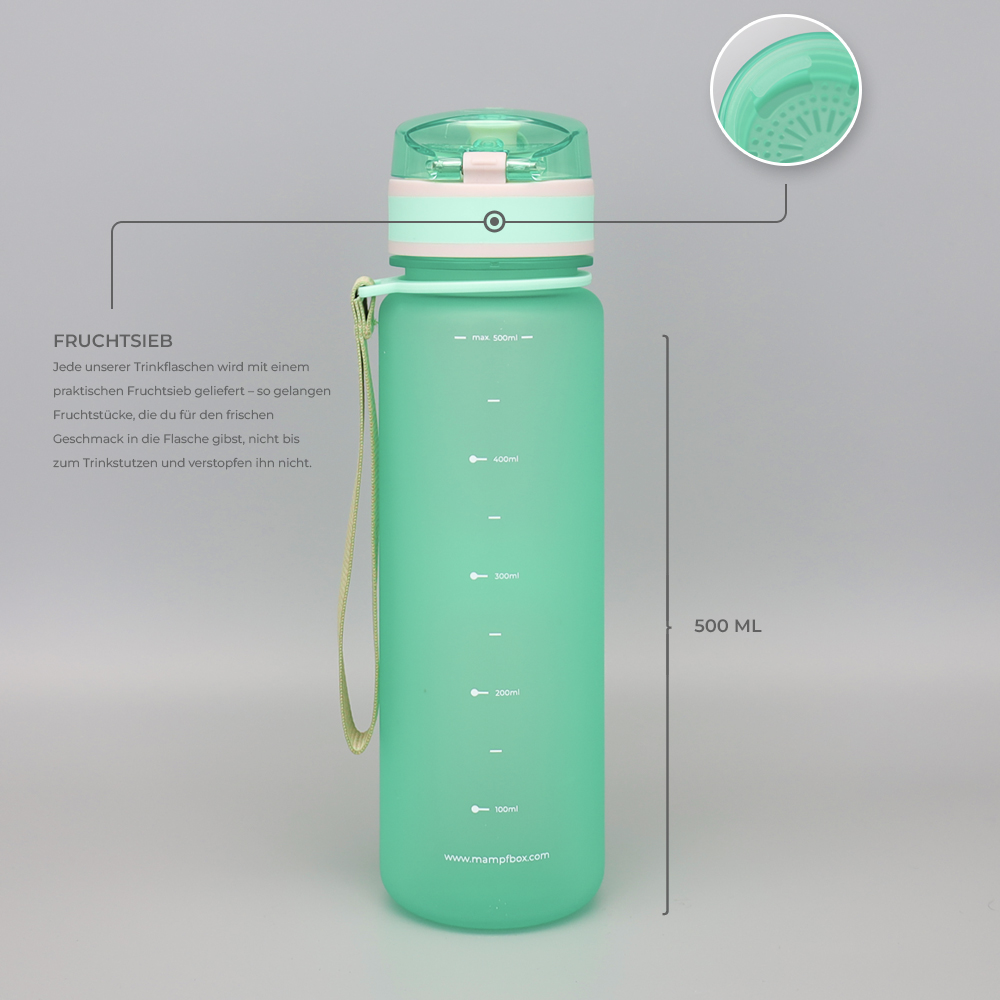 Wasserflasche für Kinder mit Fruchtsieb und Füllskala