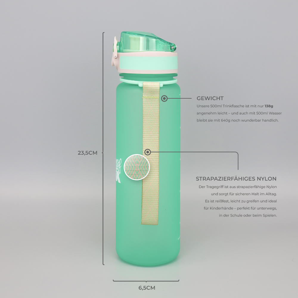 Grüne Wasserflasche für Kinder mit Trageschlaufe